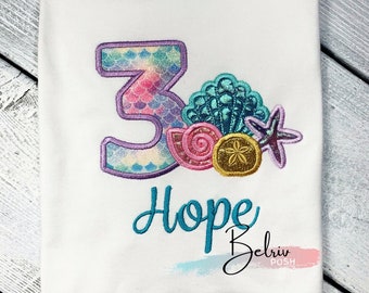 Girls Sea Shells Birthday Shirt | Custom Embroidered Glitter Top