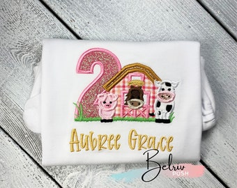 Farm Animals Birthday Shirt, 2nd Birthday Barnyard Embroidery Shirt, Farm Party Shirt, Custom Pink Farm Shirt, Farm Animals Girls Bodysuit