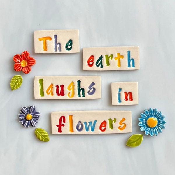 Ceramic Word Flower and Leaf Tiles, 11pcs, multi color 1/2" letters, inspiring words, variety of flower and leaves, mosaic, crafts, magnets