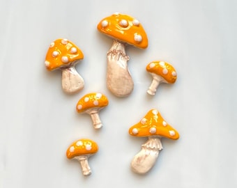 Ceramic Mushroom Tiles, 6pcs, whimsical, four sizes and styles, dark yellow and cream, mosaic and crafts, clay cabochons, magnets, woodland