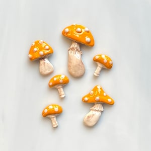 Ceramic Mushroom Tiles, 6pcs, whimsical, four sizes and styles, dark yellow and cream, mosaic and crafts, clay cabochons, magnets, woodland