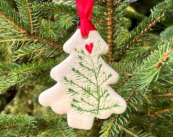 Handmade Ceramic Clay Ornament, Christmas holiday, tree decoration, tree shaped, stamped pine branch, gift, gift tag, can personalize