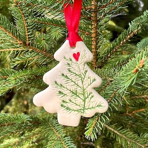 Handmade Ceramic Clay Ornament, Christmas holiday, tree decoration, tree shaped, stamped pine branch, gift, gift tag, can personalize