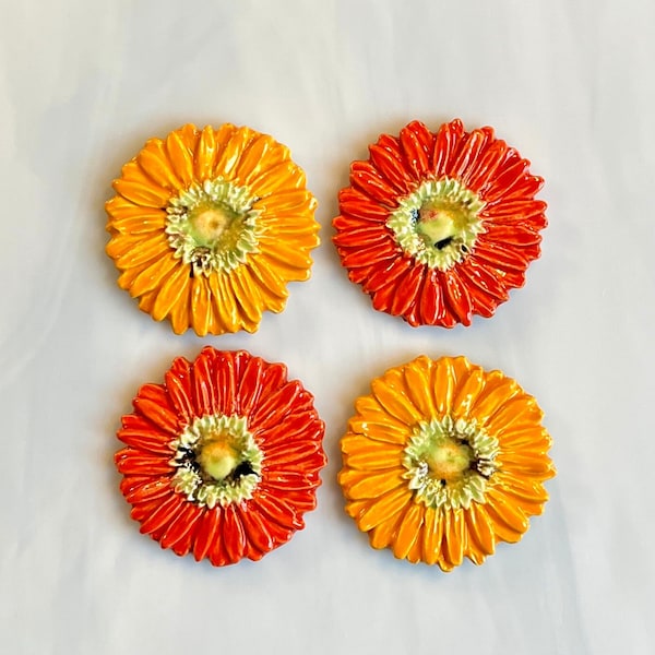 Ceramic Flower Tiles, 4pcs, double center sunflowers, bright bold yellow and orange, mosaic and crafts, magnets, birdhouse, flowerpots