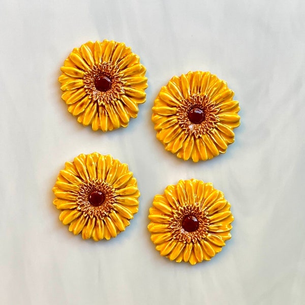 Ceramic Flower Tiles, 4 pcs, double center sunflower, yellow and brown, mosaic and crafts, clay cabochons, magnets, autumn fall decorations