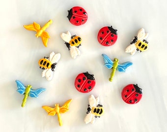 Ceramic Bee, Ladybug and Dragonfly Tiles, 12 pcs, bright bold colors, whimsical insects, mosaic and crafts, clay insect cabochons, magnets