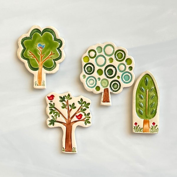 Ceramic Tree Tiles, 4pcs, hand cut and stamped, four styles, whimsical patterns, mosaic and crafts, gift nature lovers, birdhouse, magnets