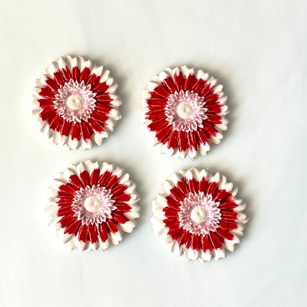 Ceramic Flower Tiles, 4pcs, daisy, mum, sunflower, double center, pink, red and white, mosaic and crafts, magnets, flower cabochons