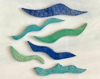 Ceramic Wave Tiles, 6pcs, blues and green, variety styles and sizes, nautical, ocean sea theme, mosaic and crafts, patterned waves, magnets