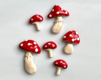 Ceramic Mushroom Tiles, 6pcs, whimsical, four sizes & styles, red and cream, mosaics and crafts, clay cabochons, magnets, woodland, fairy