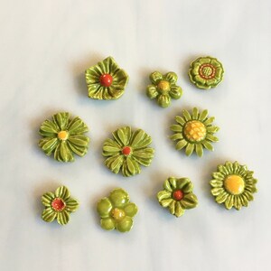 Ceramic Flower Tiles, 10pcs, sour apple green, lime, colorful centers, variety styles and sizes, mosaic and crafts, clay cabochons, magnets