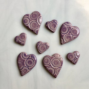 Ceramic Heart Tiles, 8 pcs, whimsical cog wheel stamped background, purple and white, mosaics, crafts, clay heart cabochons, embellishments