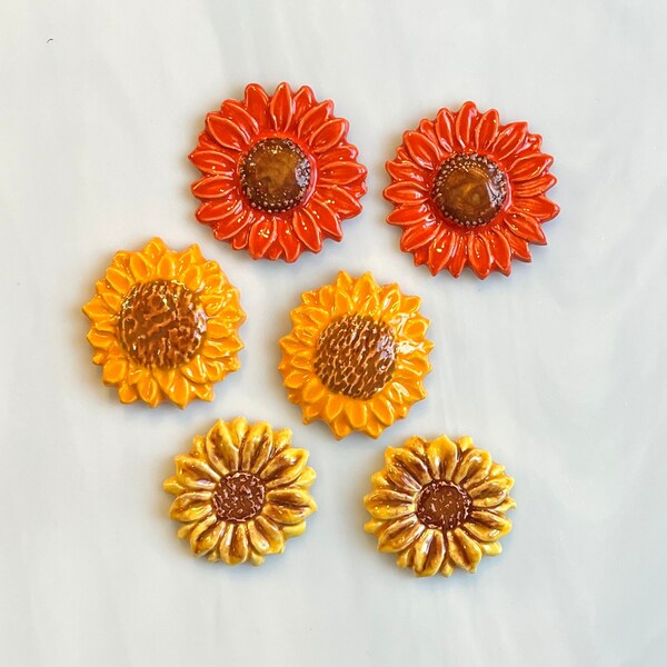 Ceramic Sunflower Tiles, 6pcs, variety of styles, sizes, colors, oranges, yellows, browns, mosaic and crafts, cabochons, magnets, birdhouse