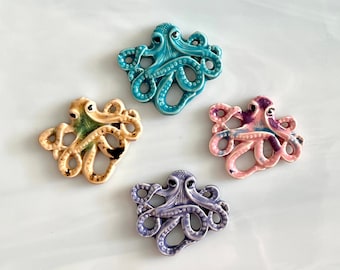 Ceramic Octopus Tiles, 4 pcs, variety of colors, nautical, ocean sea theme, mosaics and crafts, clay octopus cabochons, magnets