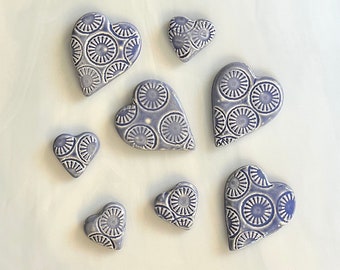 Ceramic Heart Tiles, 8pcs, steampunk, purple/blue, cog wheel gear design, mosaics and crafts, clay cabochons, magnets, mosaic supplies