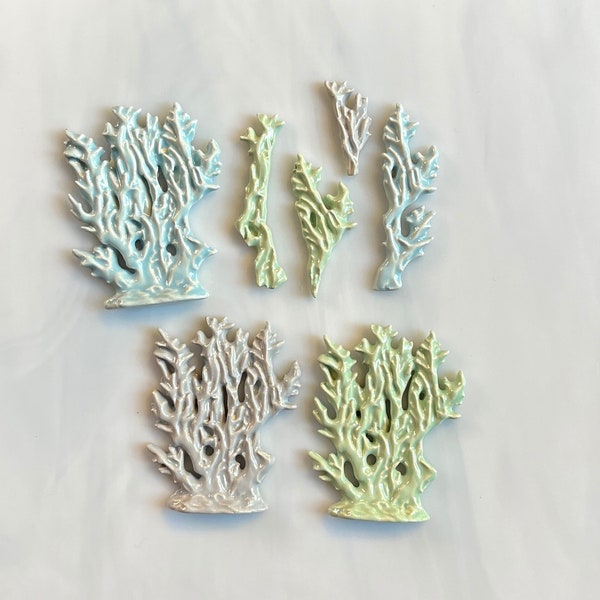 Ceramic Coral or Seaweed Tiles, 7pcs, blue gray green pastels, ocean sea theme, coral reef, sea, pond, river, grass, mosaic and craft