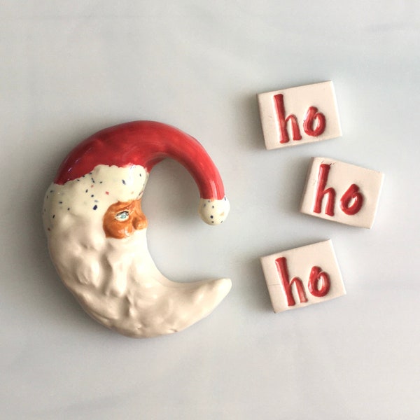 Ceramic Santa and Word Tiles, 4pcs, Christmas, holiday theme, Santa moon shaped, ho ho ho, mosaics and crafts, magnet and ornament tiles