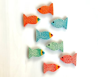Ceramic Fish Tiles, 8pcs, hand cut and textured, two designs, bright colors, ocean sea theme, tropical fish, mosaic and crafts, cabochons