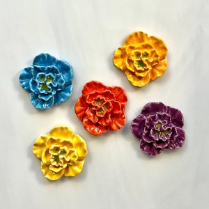 Ceramic Flower Tiles, 5pcs, ruffled carnation, bright bold colors, mosaic and crafts, clay flower cabochons, bird houses, magnets, pictures