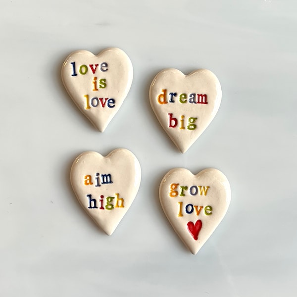 Ceramic Word Tiles, 4pcs, heart shaped, inspirational words, bright colors, mosaics and crafts, magnets, flowerpot, mosaic and crafts