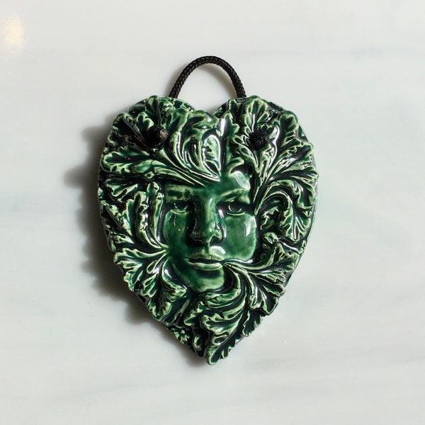 Ceramic Hanging Plaque, green woman face plaque, celtic forest face, green sapphire, celtic symbol, renaissance, home and garden wall art