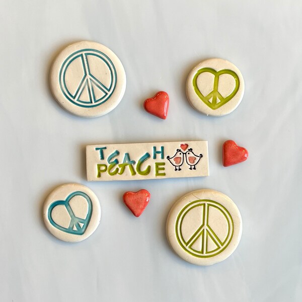 Ceramic Word Tile Set, 8pcs, inspiring teach peace tile, two styles & sizes peace signs, mini hearts, whimsical birds, mosaics and crafts