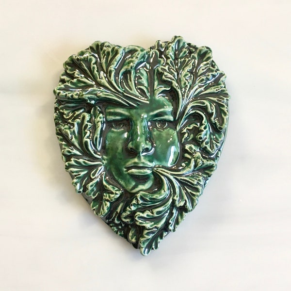 Ceramic Green Woman Face Tile, 1 pc, green sapphire, celtic forest face tile for mosaic, arts and craft projects, renaissance badge