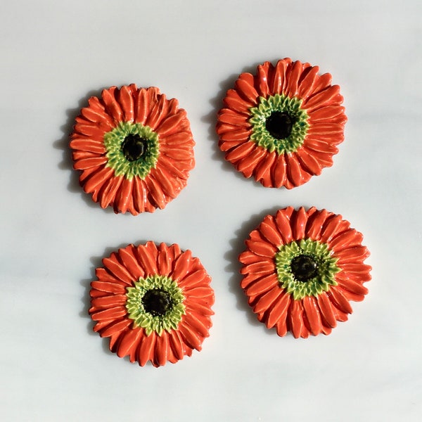 Ceramic Flower Tiles, 4pcs, daisy mum, double center, bright orange, clay cabochons, mosaics and crafts, flower pot, bird house, magnets