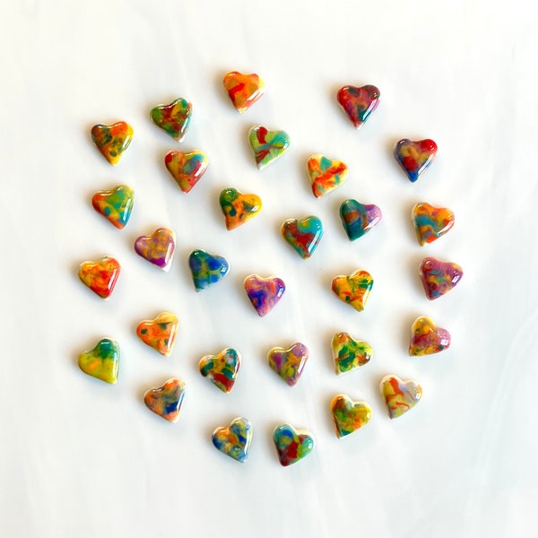 Ceramic Heart Tiles, 10pcs, mini tie dye hearts, bright multi colors, whimsical, clay heart cabochons, mosaics and craft, magnets