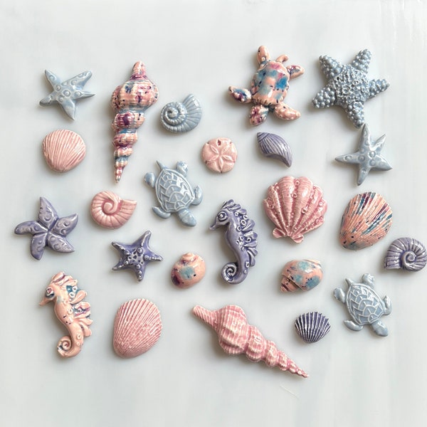 Ceramic Seashell and Sea Creature Tiles, 12pcs, variety pinks and purples, beach sea nautical theme, mosaic and crafts, clay cabochons