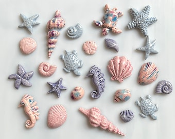 Ceramic Seashell and Sea Creature Tiles, 12pcs, variety pinks and purples, beach sea nautical theme, mosaic and crafts, clay cabochons