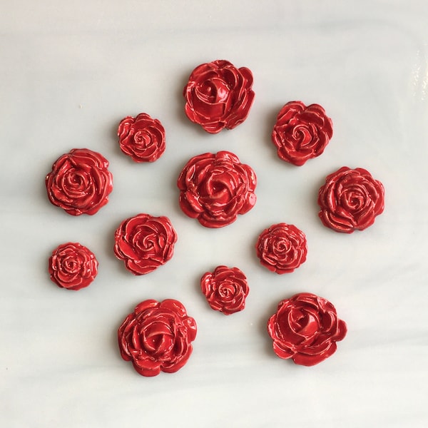 Ceramic Flower Tiles, 12 pcs, bright red roses, variety sizes and styles, mosaic and crafts, flowerpots, birdhouse, magnets, clay cabochons