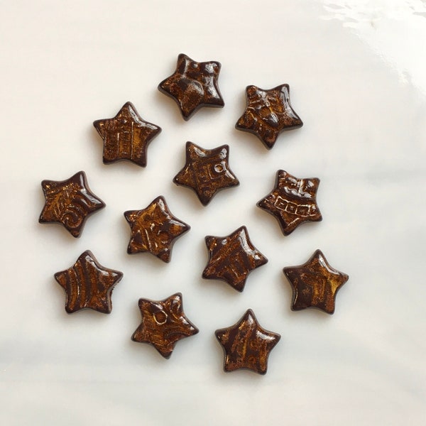 Ceramic Star Tiles, 12 pcs, copper glazed, stamped pattern background star tiles for mosaics, arts and craft projects, celestial tiles