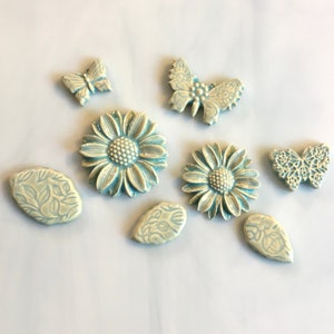 Ceramic Butterfly and Flower Tiles, 8pcs, variety styles and sizes, soft creamy white and turquoise, mosaic and craft, magnets, birdhouse