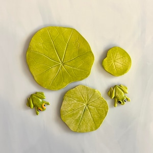 Ceramic Frog and Lilypad Tiles, 5 pcs, finely detailed variegated, sour apple green, hand cut and stamped, mosaics and crafts, magnets