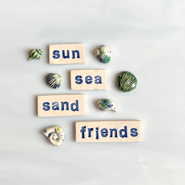 Ceramic Word and Seashell Tile Set, 10pcs, sun sea sand friends, variety seashells, blues and greens, mosaics and crafts, beach sea theme