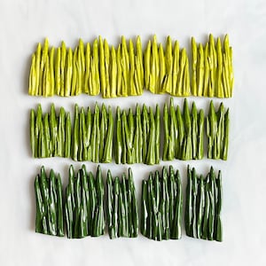 May include: Overhead view of three rows of ceramic grass blades. The top row is a light yellow-green, the middle row is a medium green, and the bottom row is a dark green. Each blade has a textured surface.