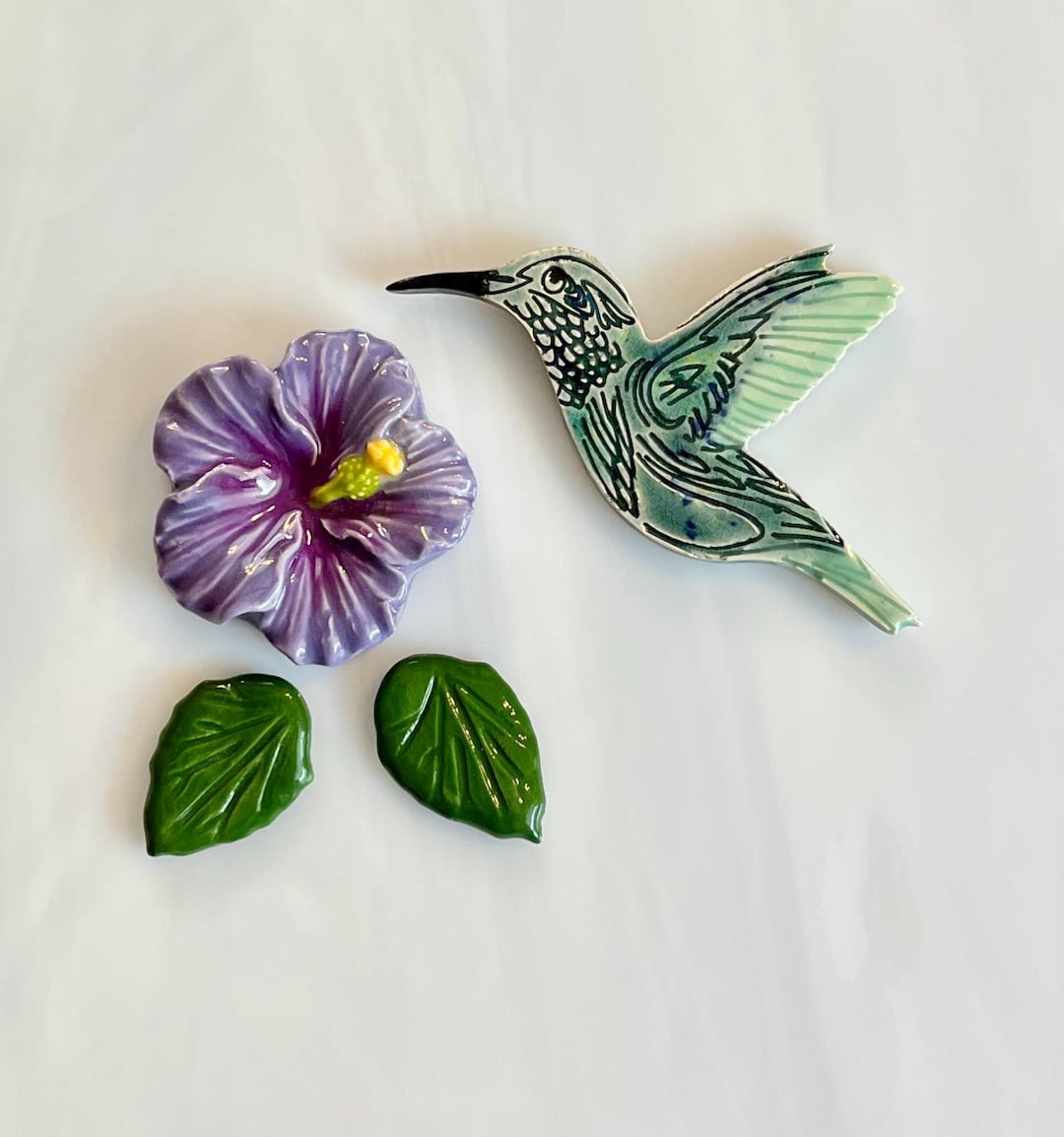 Hummingbird Tile Inlay Ceramic Hummingbird Tile Set, 4pcs, Hummingbird With Hibiscus Flower ...