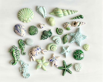 Ceramic Seashell and Sea Creature Tiles, 12pcs, variety blues and greens, beach sea tiles, nautical theme, mosaic and crafts, clay cabochons