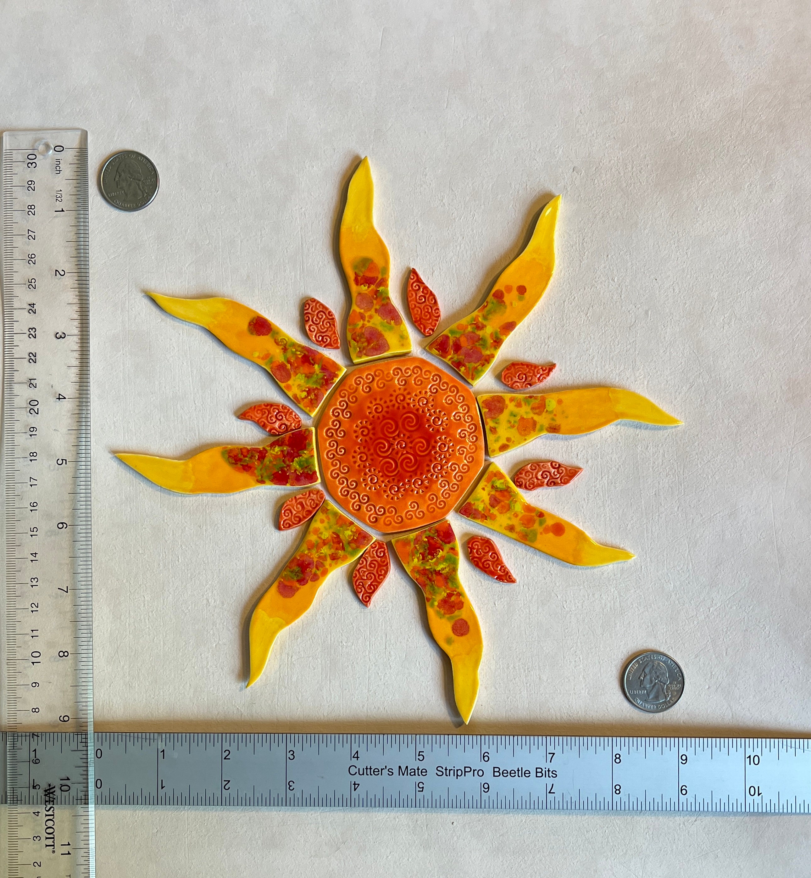 Ceramic Sun With Sun Ray Tiles, 17pcs, Whimsical Mandala Center, Ombre ...