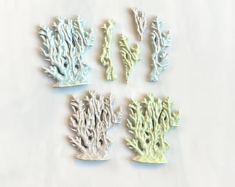 Ceramic Coral or Seaweed Tiles, 7pcs, blue gray green pastels, ocean sea theme, coral reef, sea, pond, river, grass, mosaic and craft