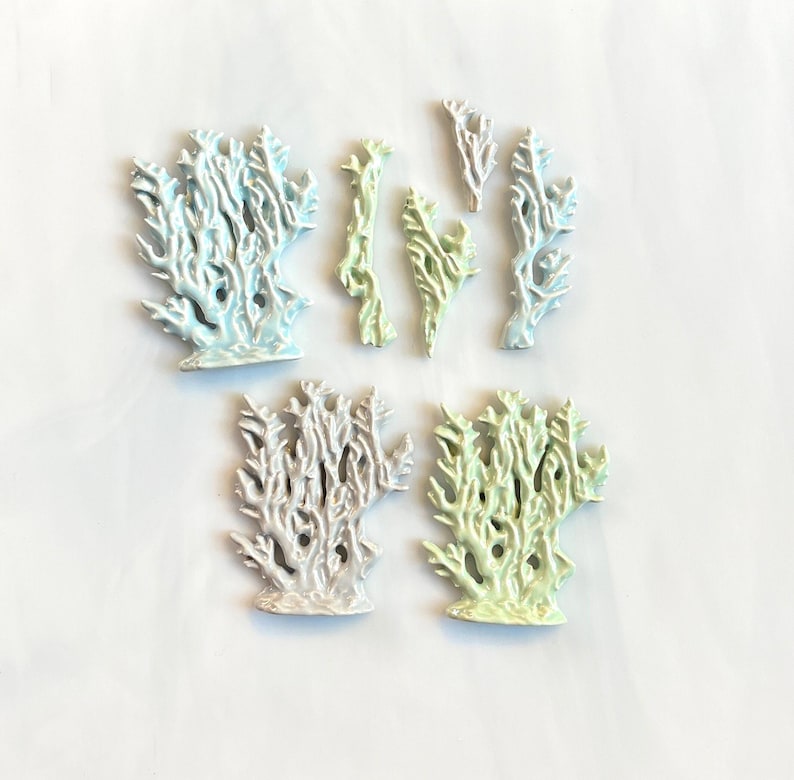 Ceramic Coral or Seaweed Tiles, 7pcs, blue gray green pastels, ocean sea theme, coral reef, sea, pond, river, grass, mosaic and craft image 1