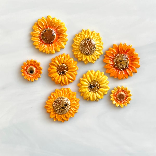 Ceramic Flower Tiles, 8pcs, sunflowers, variety sizes and styles, yellows and oranges, mosaic and crafts, cabochons, birdhouse, magnet, gift