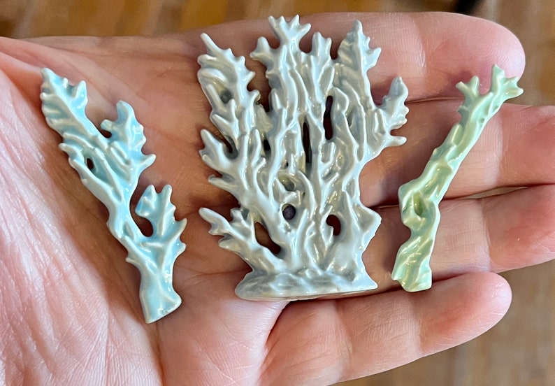 May include: Three ceramic coral sculptures in shades of blue, white, and green. The coral pieces are intricately detailed, with a textured surface and a glossy finish. The sculptures are displayed on a hand.