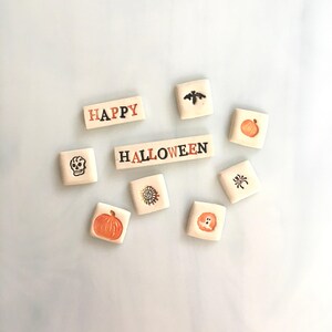 Ceramic Happy Halloween Word & Tile Set, 9 pcs, orange and black, halloween theme stamped tiles, pumpkins, spider, ghost, mosaic supplies