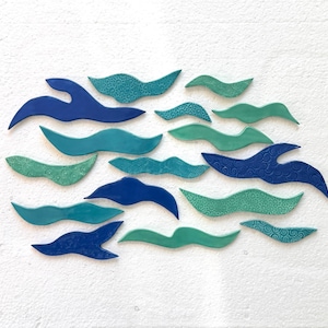Ceramic Wave Tiles, 6pcs, blues and green, variety styles and sizes, nautical, ocean sea theme, mosaic and crafts, patterned waves, magnets