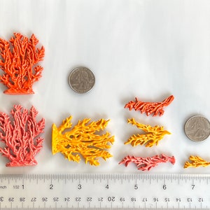 May include: A collection of coral-shaped ceramic pieces in various sizes and colors, including orange, yellow, and pink. A ruler and two quarters are included for size reference. The coral pieces are arranged on a white surface.