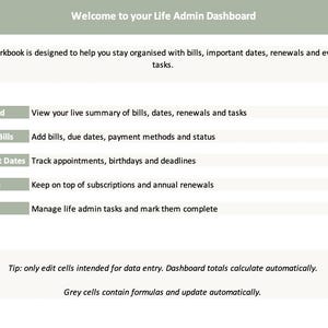 Op de afbeelding: Digitaal dashboard met de titel "Welkom bij je Life Admin Dashboard". De werkmap helpt bij het organiseren van rekeningen, datums, verlengingen en taken. Belangrijke secties zijn Dashboard, Maandelijkse rekeningen, Belangrijke datums, Verlengingen en Taken.