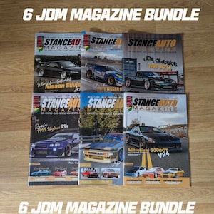 May include: A bundle of six JDM car magazines featuring various Japanese car models, including a Nissan Silvia, a 2010 Nissan GT-R, a Mitsubishi 3000GT VR4, and a  Ryohei 1999 Skyline R34. The magazines are titled "Stance Auto Magazine" and feature photos of the cars with detailed information about them.