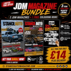 May include: A JDM magazine bundle featuring two Stance Auto magazines and one JDM car colouring book. The magazines display Nissan R32 GTR and Nissan Silvia cars on their covers. The bundle includes text such as JDM Magazine Bundle and 3 Items.